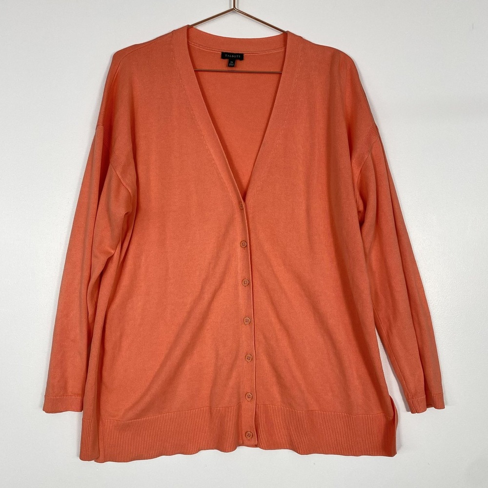 Talbots Cardigan Sweater Womens XL Orange Cotton Rayon V Neck Button Front Knit